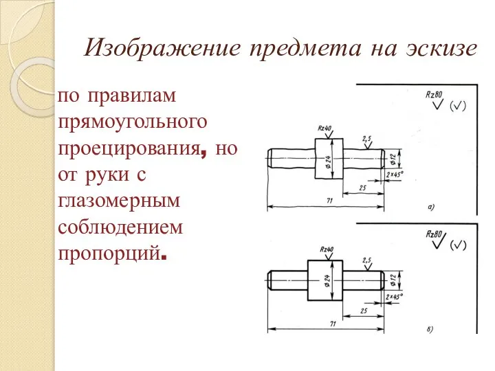 Изображение предмета на эскизе по правилам прямоугольного проецирования, но от руки с глазомерным соблюдением пропорций.