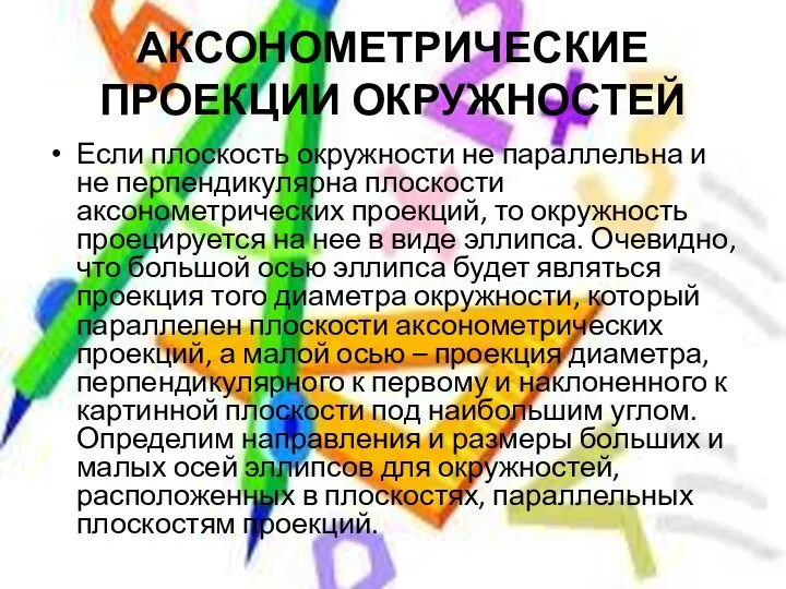 АКСОНОМЕТРИЧЕСКИЕ ПРОЕКЦИИ ОКРУЖНОСТЕЙ Если плоскость окружности не параллельна и не перпендикулярна