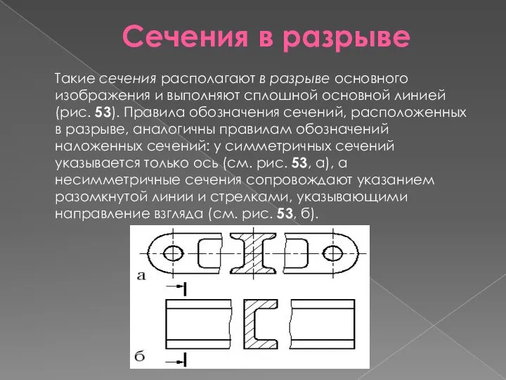 Сечения в разрыве Такие сечения располагают в разрыве основного изображения и