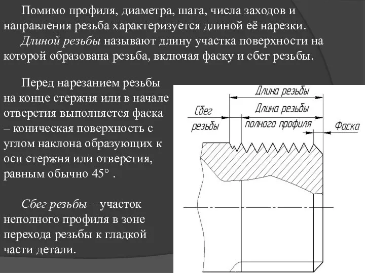 Помимо профиля, диаметра, шага, числа заходов и направления резьба характеризуется длиной