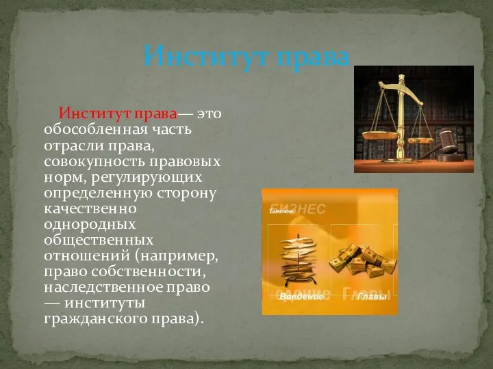 Институт права— это обособленная часть отрасли права, совокупность правовых норм, регулирующих