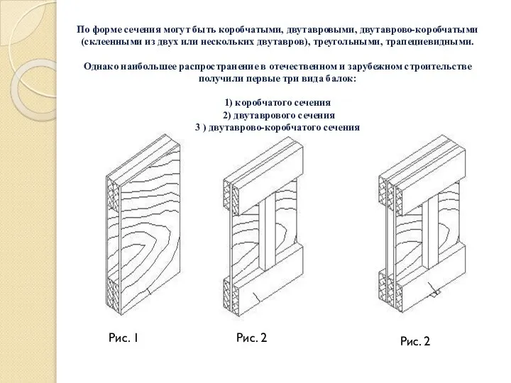По форме сечения могут быть коробчатыми, двутавровыми, двутаврово-коробчатыми (склеенными из двух