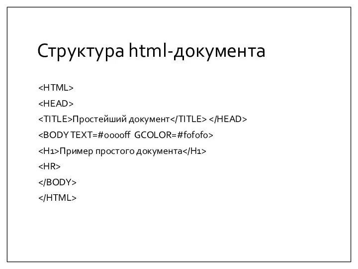 Структура html-документа Простейший документ Пример простого документа