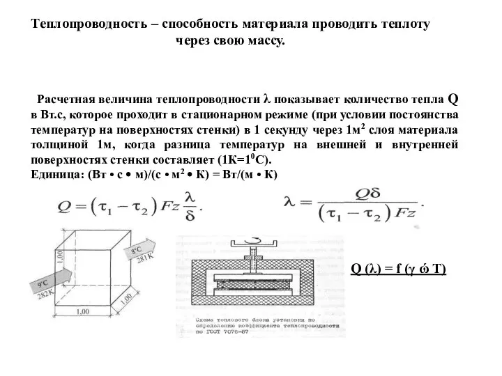 Теплопроводность – способность материала проводить теплоту через свою массу. Расчетная величина