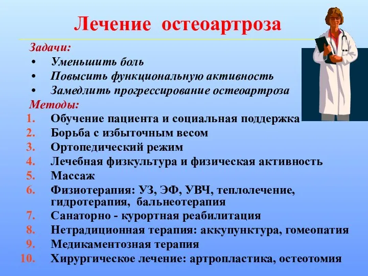 Лечение остеоартроза Задачи: Уменьшить боль Повысить функциональную активность Замедлить прогрессирование остеоартроза