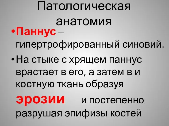 Патологическая анатомия Паннус – гипертрофированный синовий. На стыке с хрящем паннус