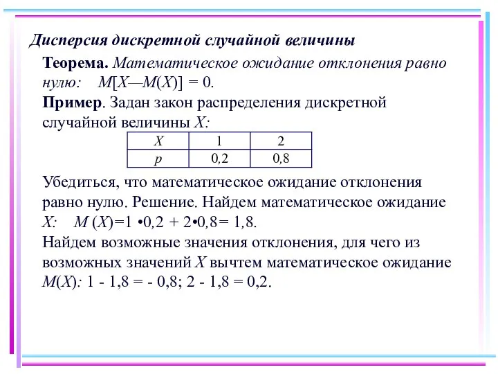 Дисперсия дискретной случайной величины Теорема. Математическое ожидание отклонения равно нулю: М[Х—М(Х)]