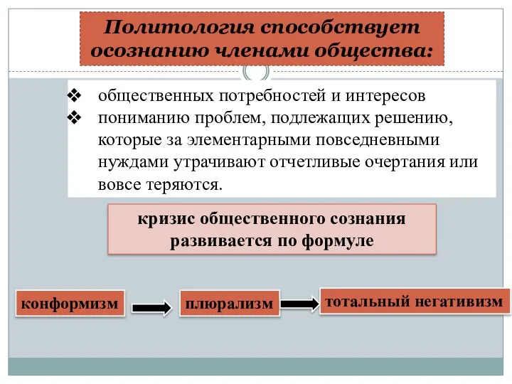 Политология способствует осознанию членами общества: общественных потребностей и интересов пониманию проблем,