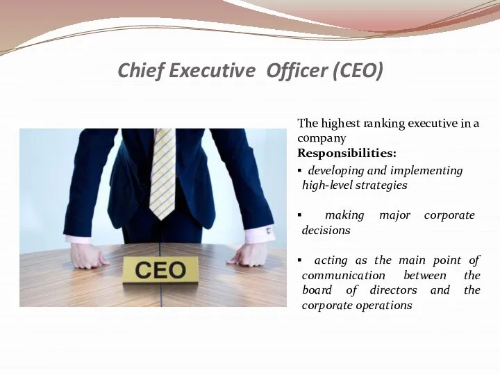 Chief Executive Officer (CEO) The highest ranking executive in a company