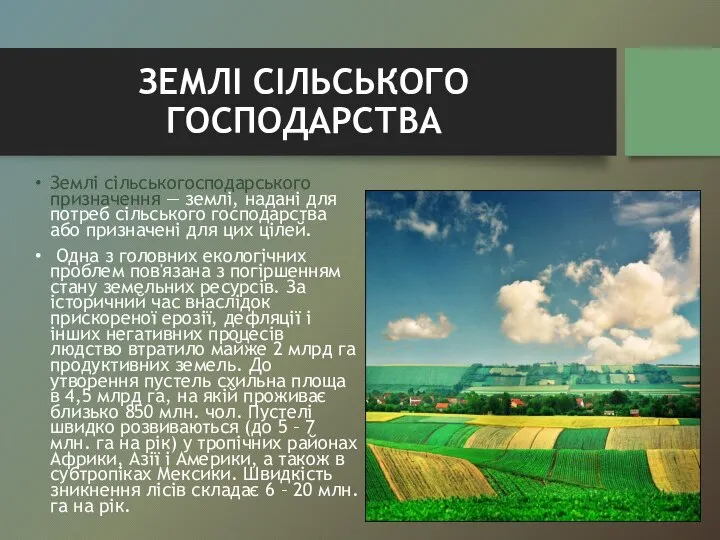 ЗЕМЛІ СІЛЬСЬКОГО ГОСПОДАРСТВА Землі сільськогосподарського призначення — землі, надані для потреб