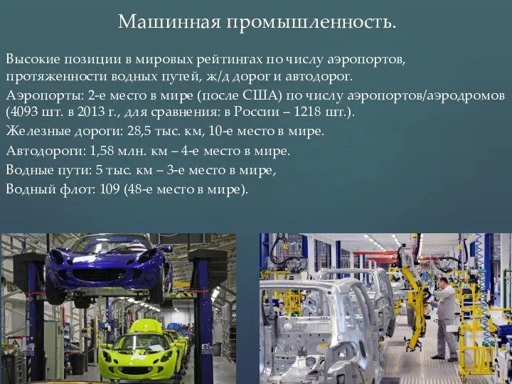 Высокие позиции в мировых рейтингах по числу аэропортов, протяженности водных путей,