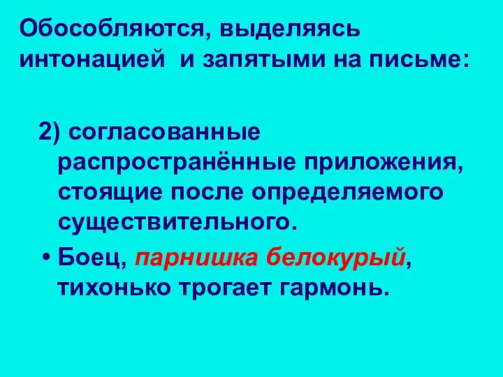 2) согласованные распространённые приложения, стоящие после определяемого существительного. Боец, парнишка белокурый,