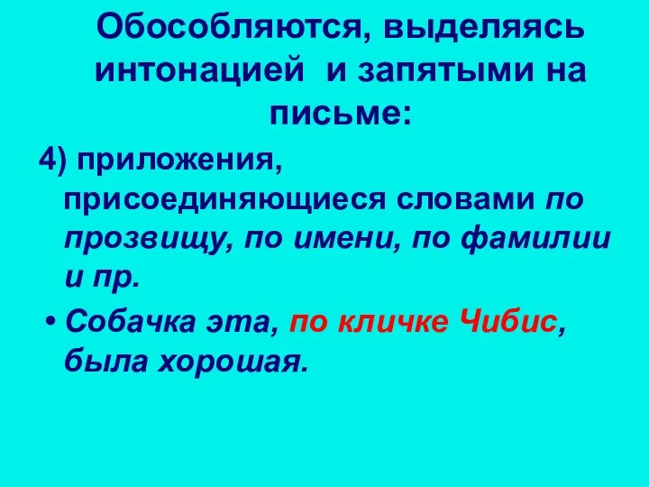 4) приложения, присоединяющиеся словами по прозвищу, по имени, по фамилии и