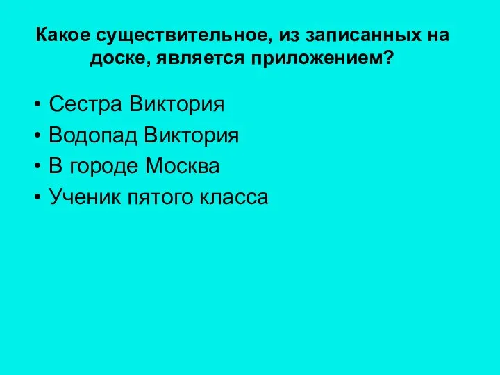 Какое существительное, из записанных на доске, является приложением? Сестра Виктория Водопад