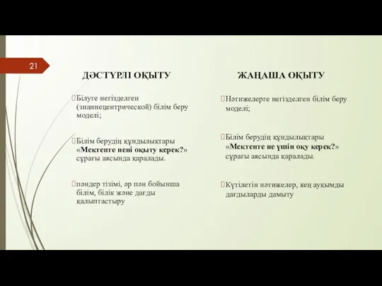 ДӘСТҮРЛІ ОҚЫТУ ЖАҢАША ОҚЫТУ Нәтижелерге негізделген білім беру моделі; Білім берудің