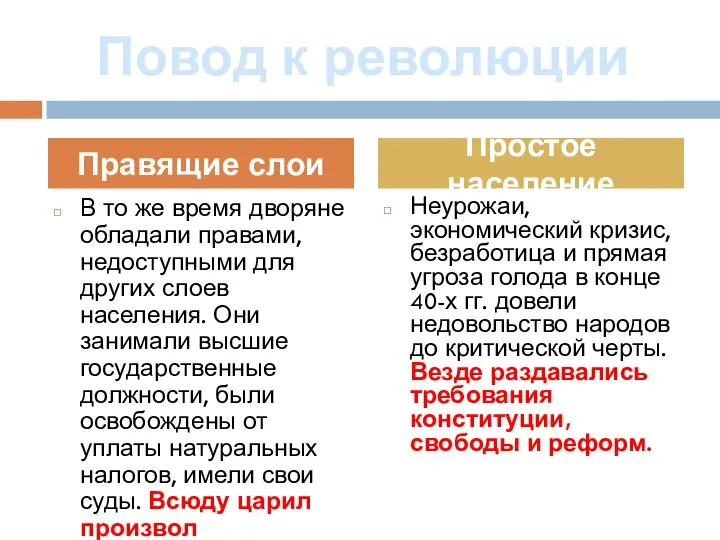 Повод к революции В то же время дворяне обладали правами, недоступными