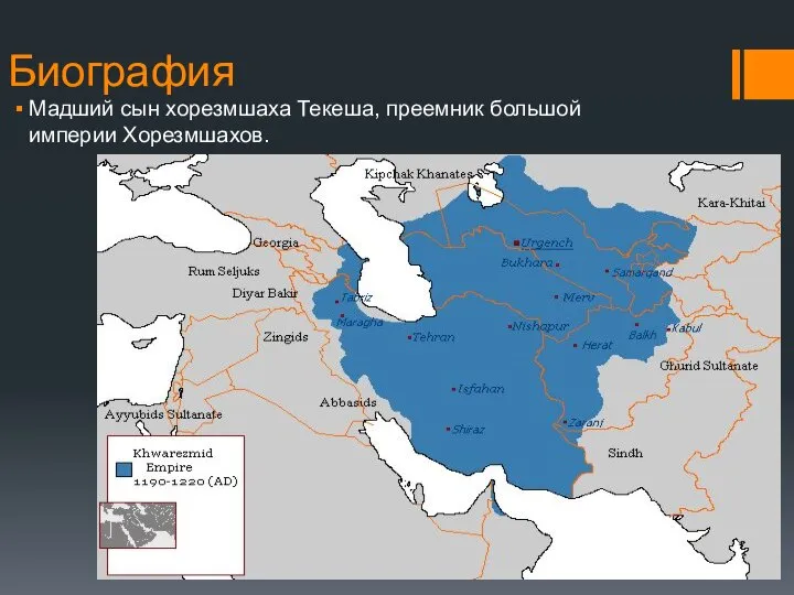 Биография Мадший сын хорезмшаха Текеша, преемник большой империи Хорезмшахов.