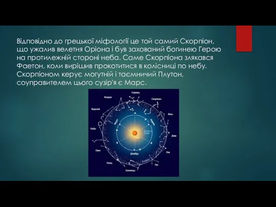 Відповідно до грецької міфології це той самий Скорпіон, що ужалив велетня