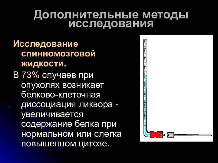 Дополнительные методы исследования Исследование спинномозговой жидкости. В 73% случаев при опухолях