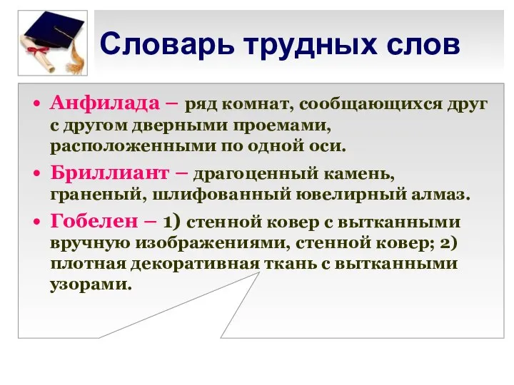 Словарь трудных слов Анфилада – ряд комнат, сообщающихся друг с другом