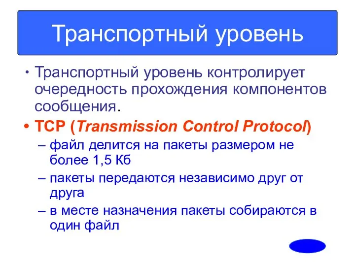 Транспортный уровень контролирует очередность прохождения компонентов сообщения. TCP (Transmission Control Protocol)