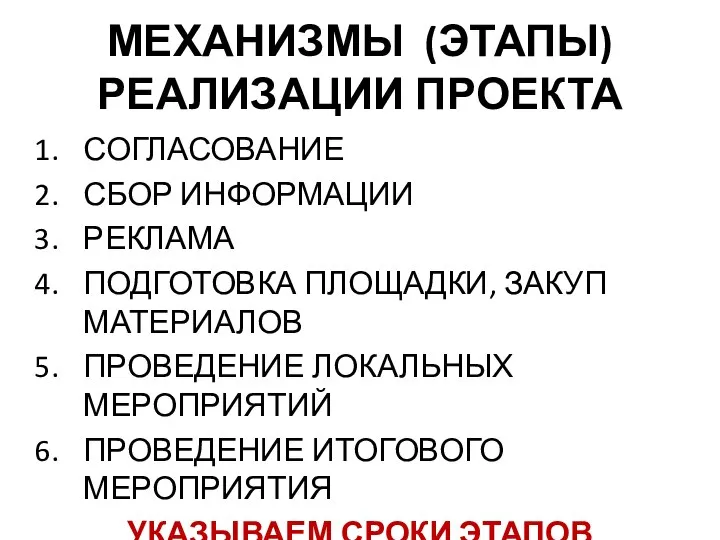 МЕХАНИЗМЫ (ЭТАПЫ) РЕАЛИЗАЦИИ ПРОЕКТА СОГЛАСОВАНИЕ СБОР ИНФОРМАЦИИ РЕКЛАМА ПОДГОТОВКА ПЛОЩАДКИ, ЗАКУП