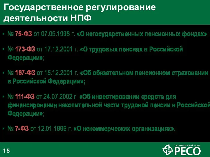 Государственное регулирование деятельности НПФ № 75-ФЗ от 07.05.1998 г. «О негосударственных