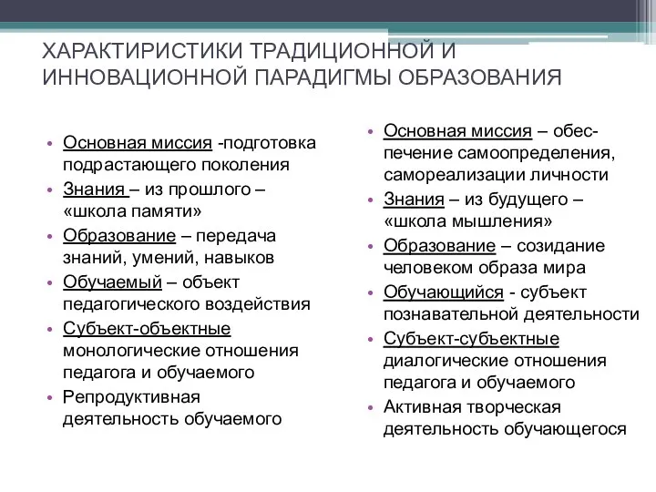 ХАРАКТИРИСТИКИ ТРАДИЦИОННОЙ И ИННОВАЦИОННОЙ ПАРАДИГМЫ ОБРАЗОВАНИЯ Основная миссия -подготовка подрастающего поколения