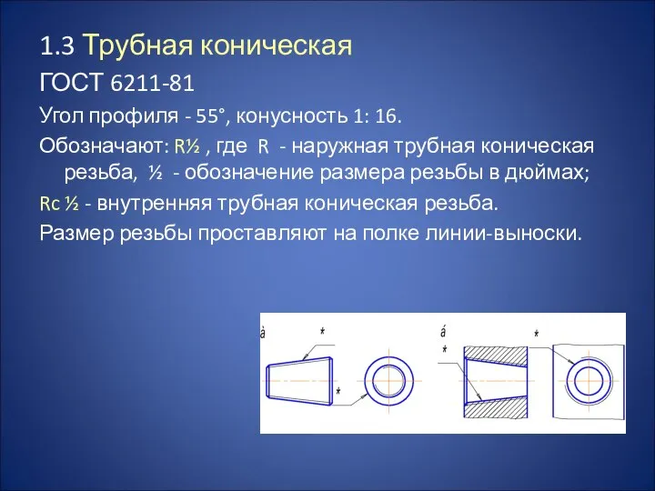 1.3 Трубная коническая ГОСТ 6211-81 Угол профиля - 55°, конусность 1: