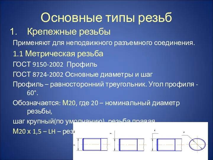 Основные типы резьб Крепежные резьбы Применяют для неподвижного разъемного соединения. 1.1