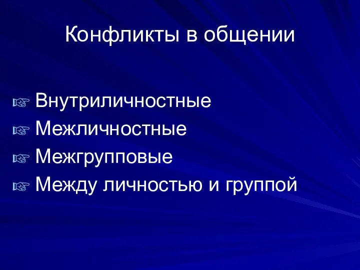 Конфликты в общении Внутриличностные Межличностные Межгрупповые Между личностью и группой