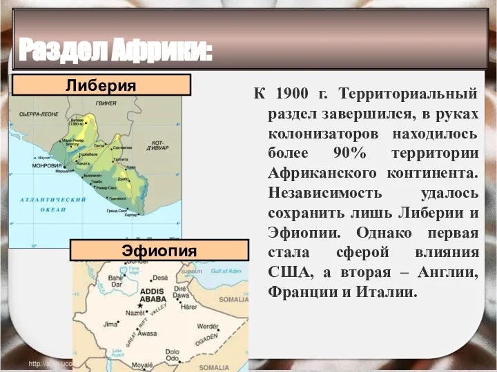 Раздел Африки: К 1900 г. Территориальный раздел завершился, в руках колонизаторов