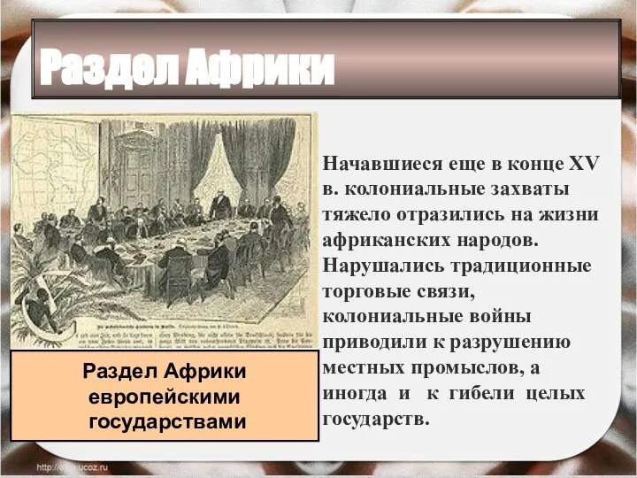 Раздел Африки Начавшиеся еще в конце XV в. колониальные захваты тяжело