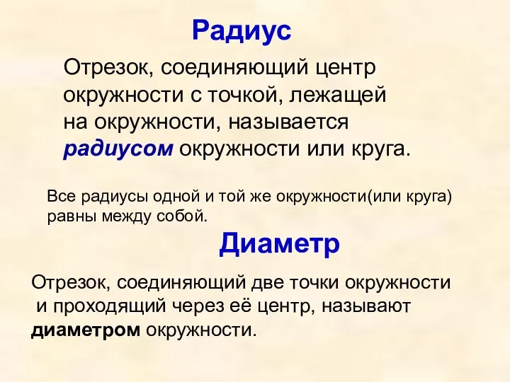 Отрезок, соединяющий центр окружности с точкой, лежащей на окружности, называется радиусом