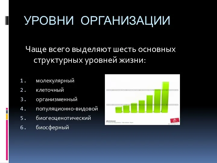 УРОВНИ ОРГАНИЗАЦИИ Чаще всего выделяют шесть основных структурных уровней жизни: молекулярный клеточный организменный популяционно-видовой биогеоценотический биосферный