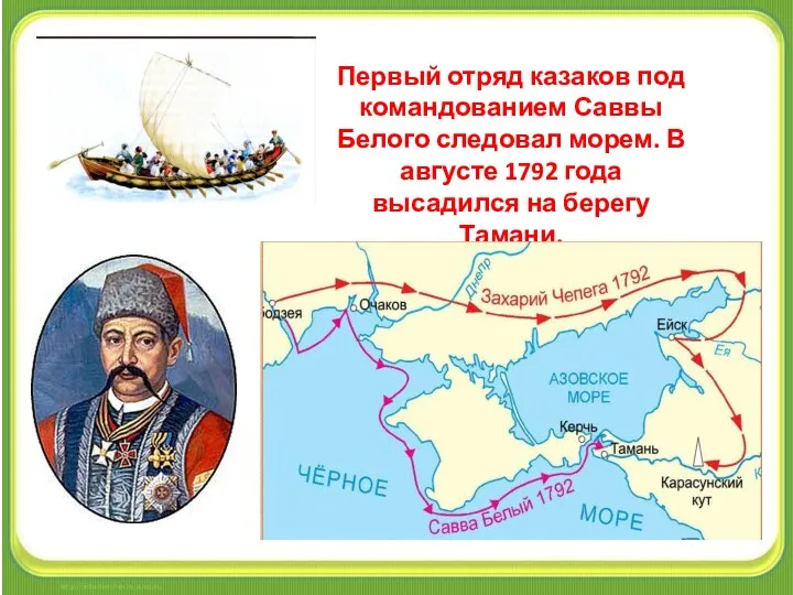 Первый отряд казаков под командованием Саввы Белого следовал морем. В августе