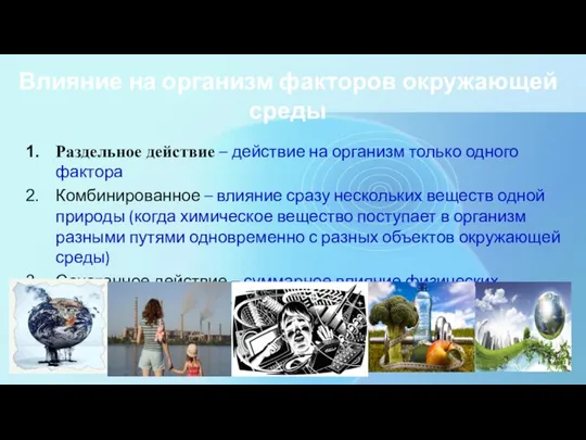 Влияние на организм факторов окружающей среды Раздельное действие – действие на