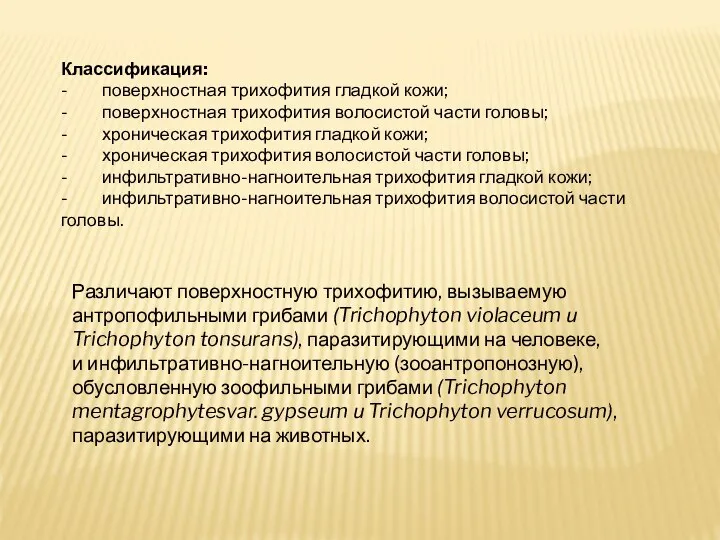 Классификация: - поверхностная трихофития гладкой кожи; - поверхностная трихофития волосистой части