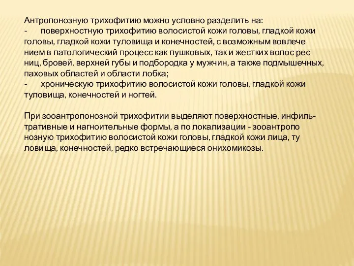 Антропонозную трихофитию можно условно разделить на: - повер­хностную трихофитию волосистой кожи