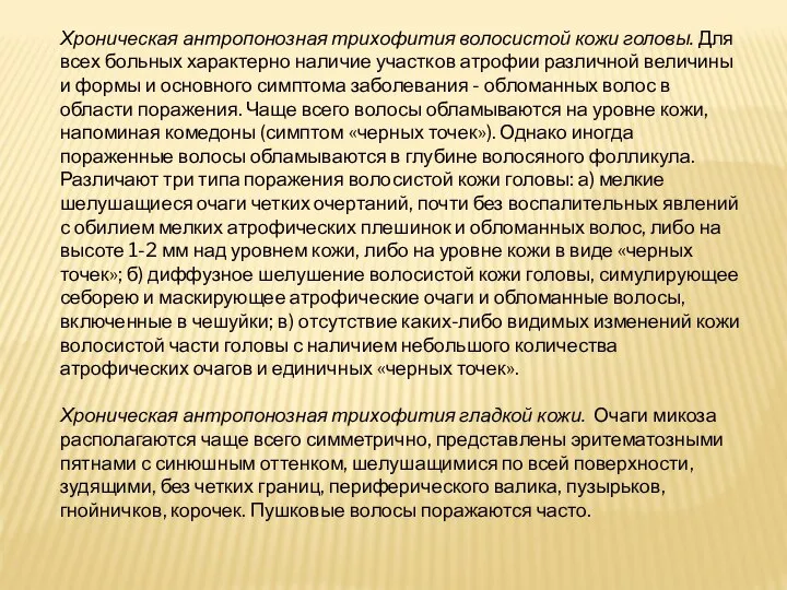 Хроническая антропонозная трихофития волосистой кожи голо­вы. Для всех больных характерно наличие