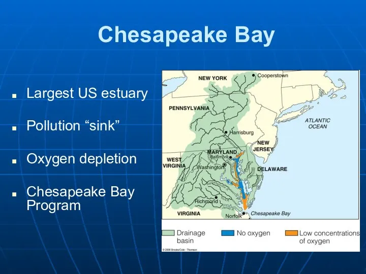 Chesapeake Bay Largest US estuary Pollution “sink” Oxygen depletion Chesapeake Bay Program