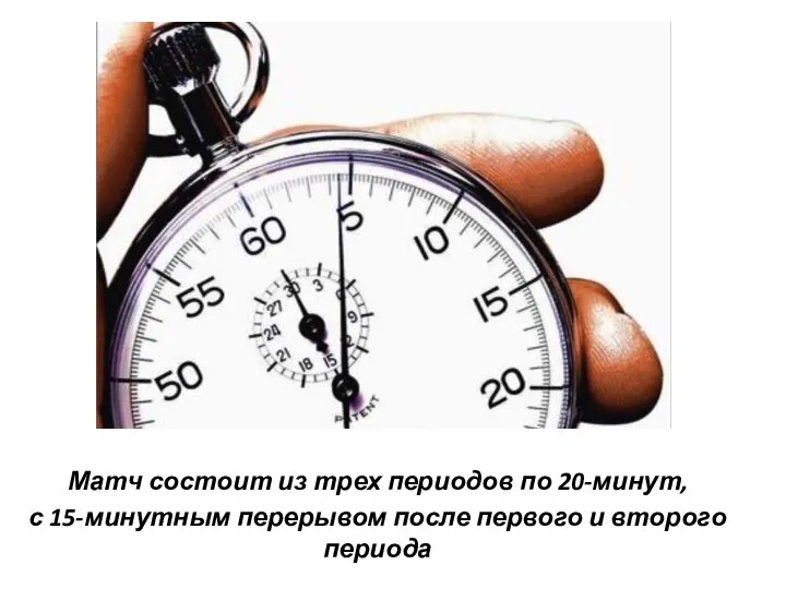 Матч состоит из трех периодов по 20-минут, с 15-минутным перерывом после первого и второго периода