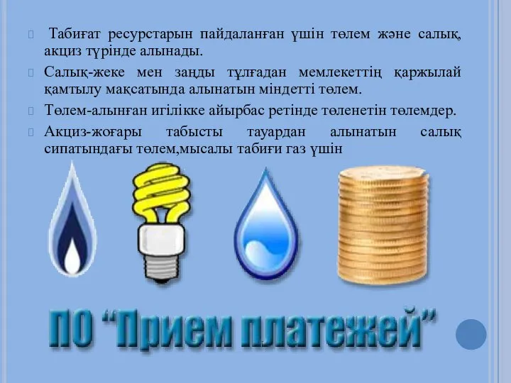 Табиғат ресурстарын пайдаланған үшін төлем және салық,акциз түрінде алынады. Салық-жеке мен