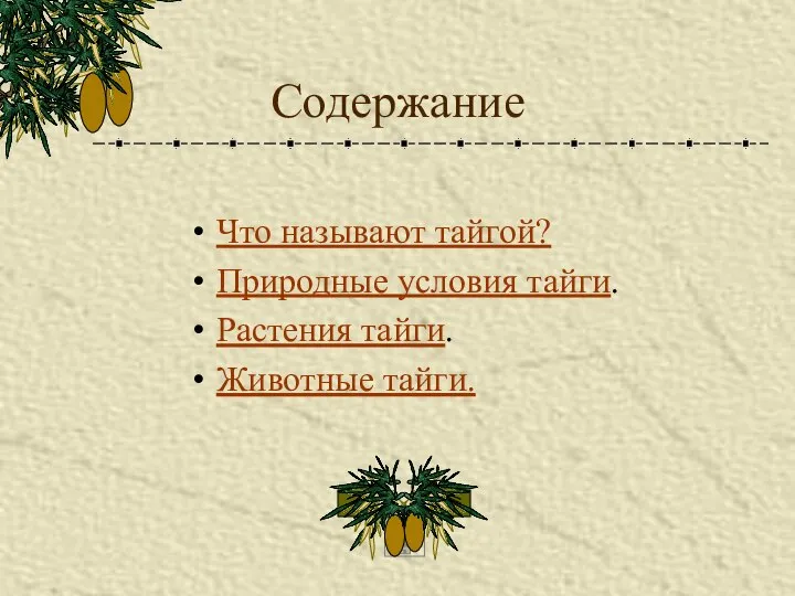 Содержание Что называют тайгой? Природные условия тайги. Растения тайги. Животные тайги.