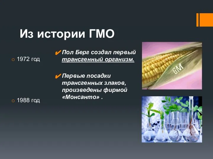 Из истории ГМО 1972 год 1988 год Пол Берг создал первый