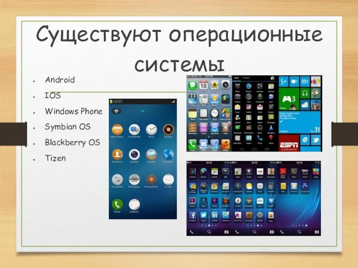 Существуют операционные системы Android IOS Windows Phone Symbian OS Blackberry OS Tizen