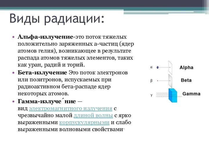 Виды радиации: Альфа-излучение-это поток тяжелых положительно заряженных а-частиц (ядер атомов гелия),