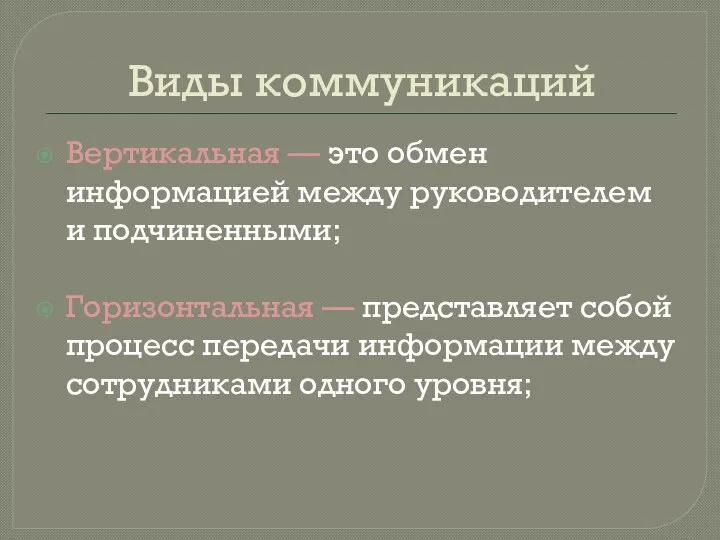 Виды коммуникаций Вертикальная — это обмен информацией между руководителем и подчиненными;