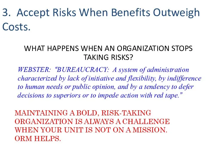 WHAT HAPPENS WHEN AN ORGANIZATION STOPS TAKING RISKS? WEBSTER: “BUREAUCRACY: A