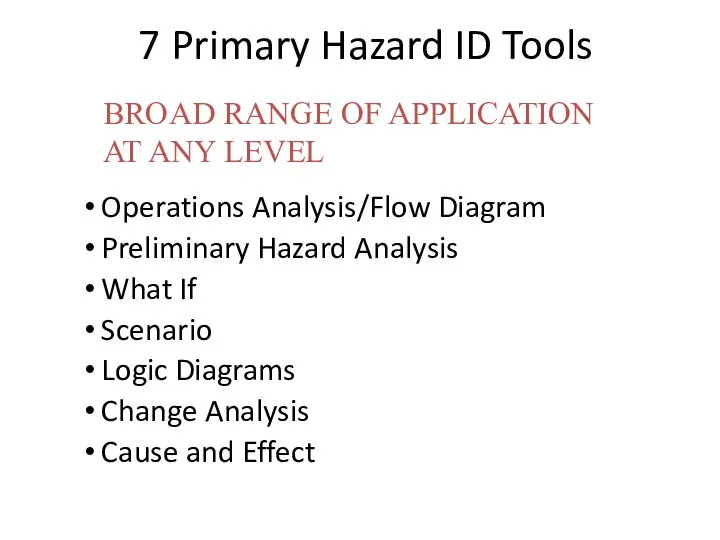 7 Primary Hazard ID Tools Operations Analysis/Flow Diagram Preliminary Hazard Analysis
